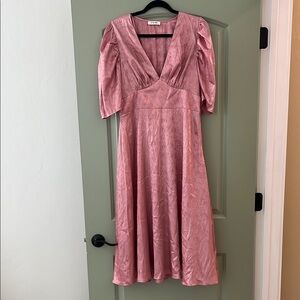 VM Pink Puff Sleeve Plunge Midi Dress for Weddings